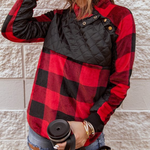 STATUS UPDATE RED PLAID ASYMMETRICAL PULLOVER - Picture 3 of 3